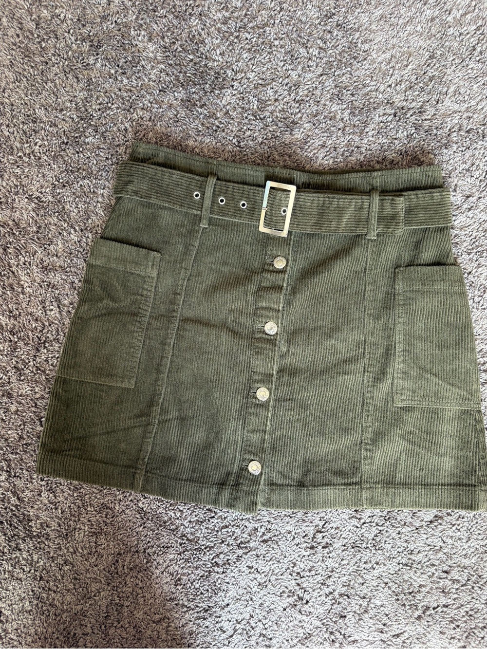 New Topshop Olive Green Corduroy Button-Front Mini Skirt with Belt